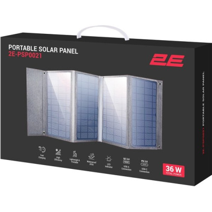 Портативна сонячна панель 2E, DC 36 Вт, USB-С 20 Вт, USB-A 18 Вт (2E-PSP0021)